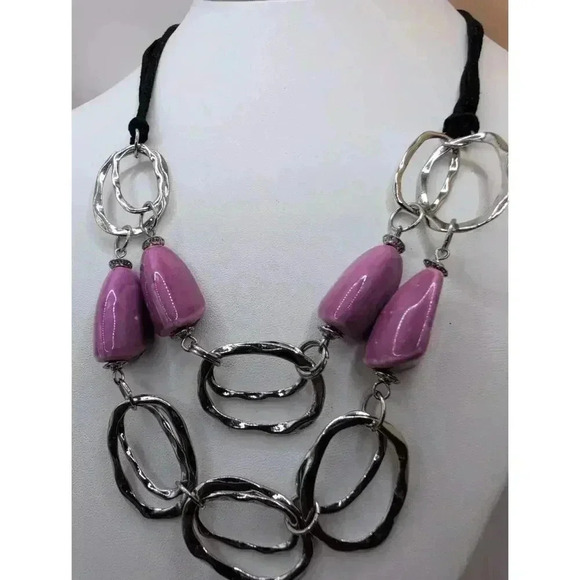 Ceramic Purple Hand Made Silver Tone Black Velvet Necklace - Picture 2 of 4